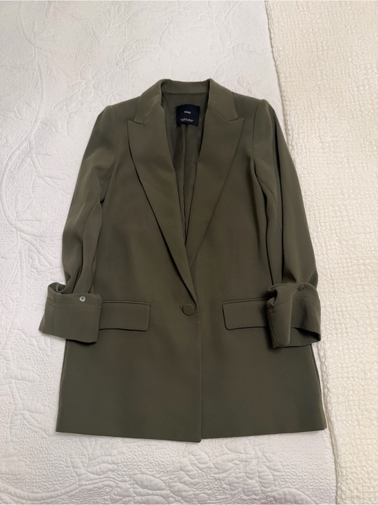 Mango Jackets & Blazers - Mango Olive Green Single-Button Long Blazer